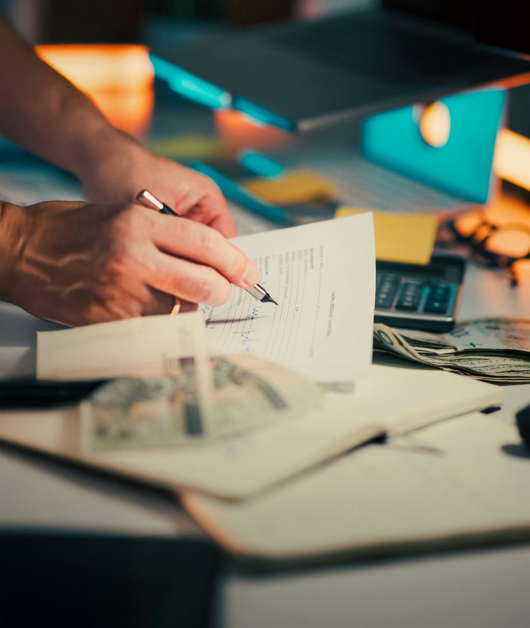Adviser reviewing and signing financial documents at a desk